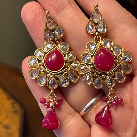 Faux ruby and diamond gold tone drop earrings - Picture 3 of 6